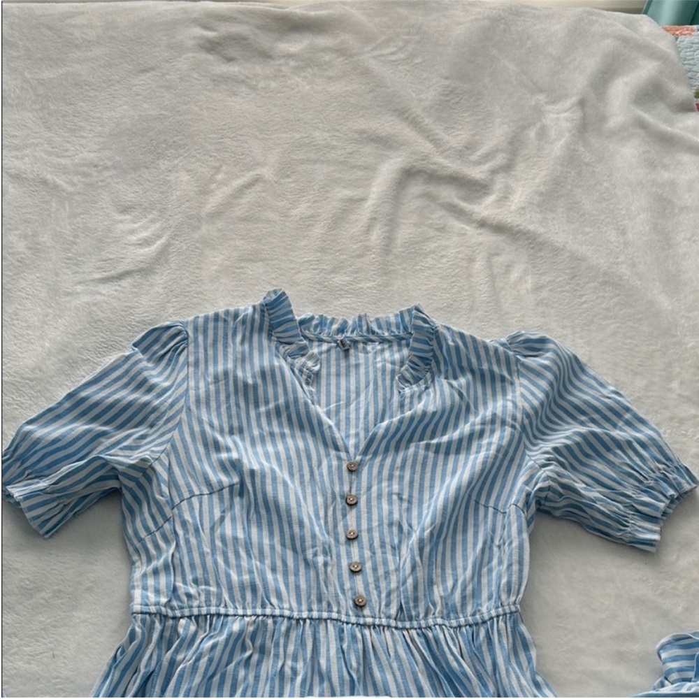 Summer Blue and White Striped Tiered Midi Dress with Button Front - Picture 4 of 5
